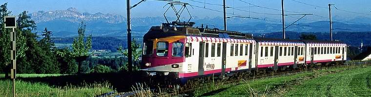 ABDe 4/4 16 mit Pendelzug, in der Andhauser Kurve, mit dem Säntis im Hintergrund, 18.6.2000 - (bh)